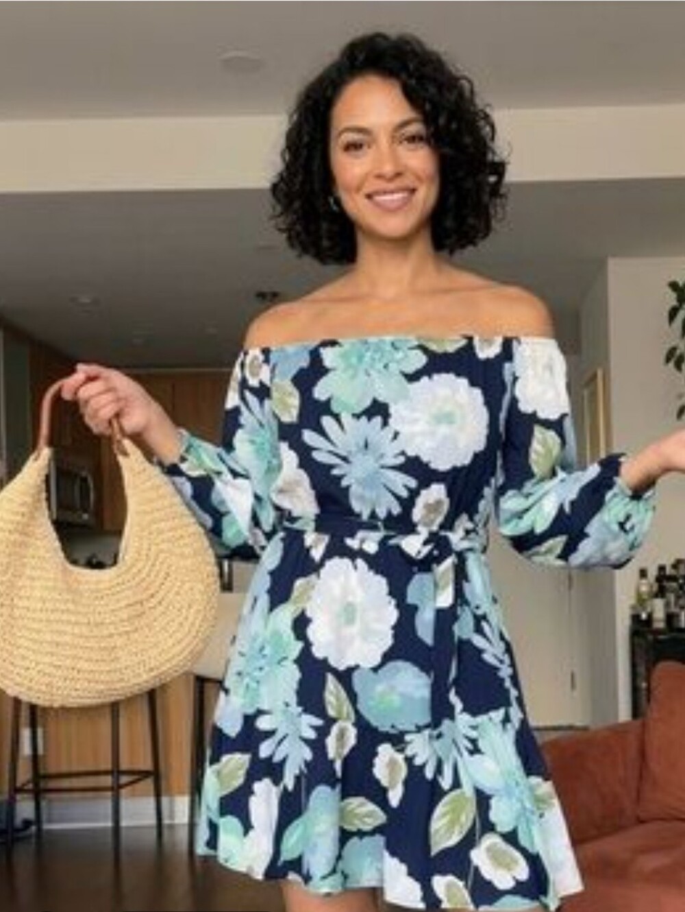 LOFT Navy Floral Long Sleeve Tie-Waist Dress  Off The Shoulder Women's Size XS